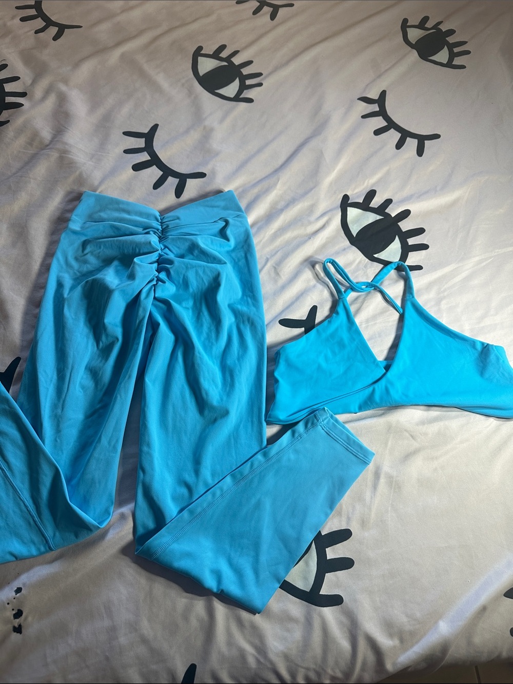 Blue Ruched Leggings and Strappy Crop Top Set - Women